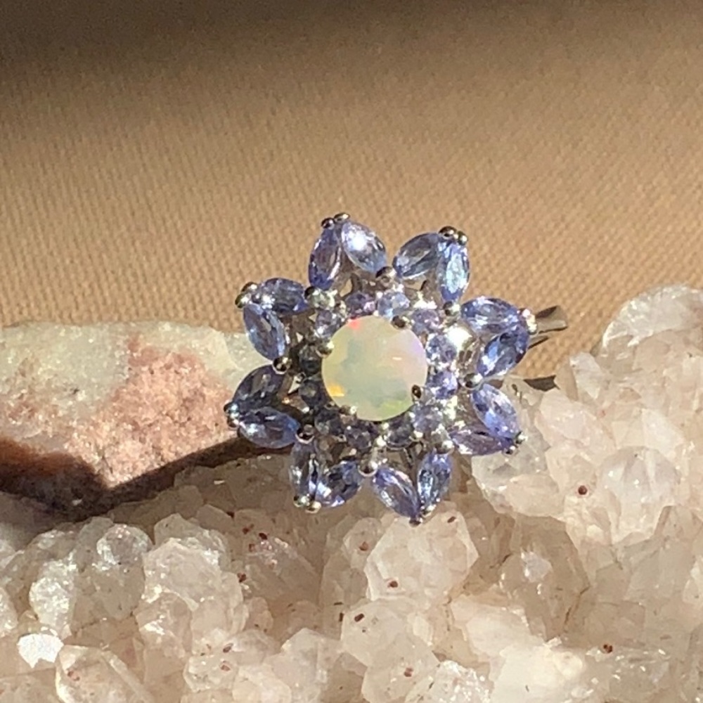 FIRE OPAL & TANZANITE 925 STERLING SILVER RING, SIZE 8.5